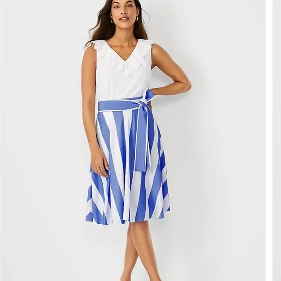 Ann Taylor Striped Tie Waist Skirt – Blue & White, Size 6 | Lined A-Line Skirt - Picture 8 of 9